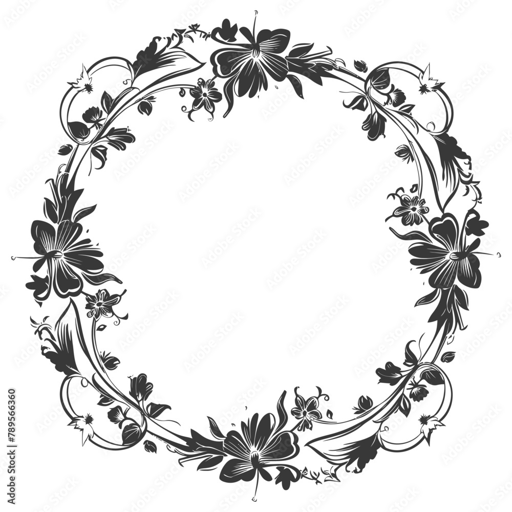 floral round line frames wedding invitation element black color only