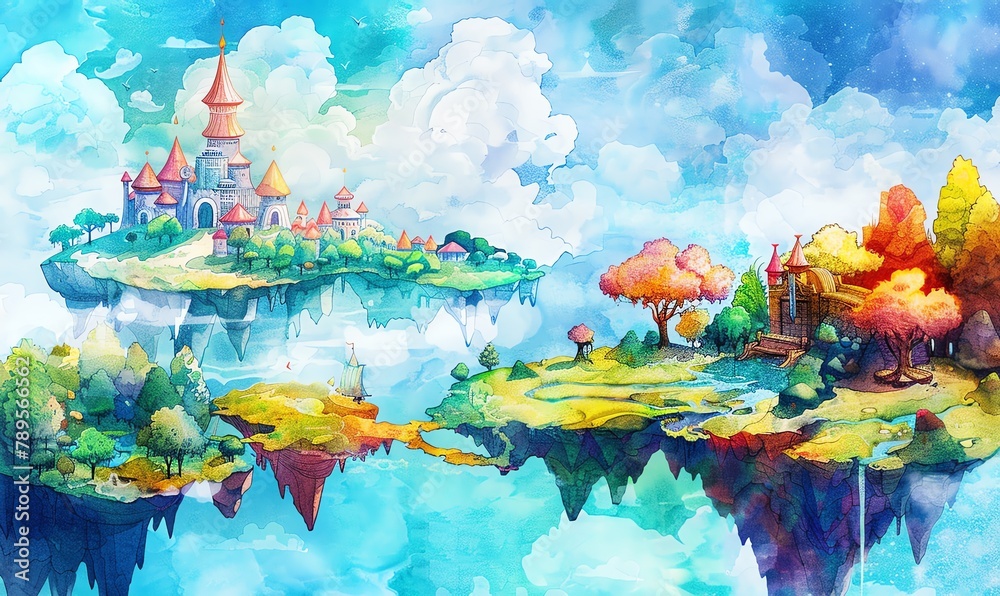 Design a colorful watercolor painting of a whimsical aerial cartography scene, featuring fantasy elements like floating islands, magical forests, and charming villages with vibrant hues