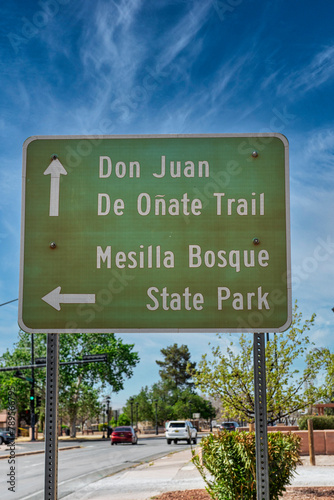 Sign for Don Juan De Onate Trail and Mesilla Bosque State Park on Rte 28 in Mesilla NM photo