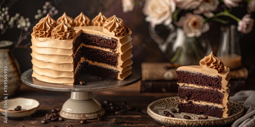 Gourmet Food Photography of Chocolate Layer Cake, Rich Dessert with Creamy Frosting on Elegant Display