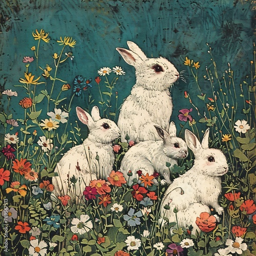 A family of rabbits playing in a field of wildflowers their white fur contrasting with the vibrant colors Emphasize the innocence and playfulness of the rabbits