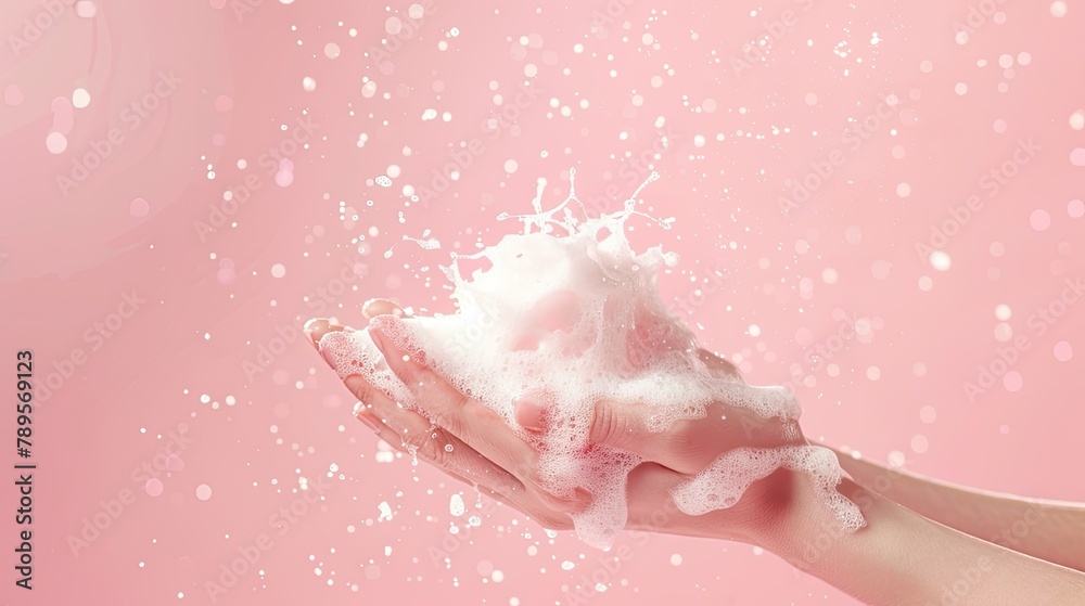 Fototapeta premium Adorn your hands with silky white foam against a pink backdrop. Embrace beauty and wellness with our luxurious skincare