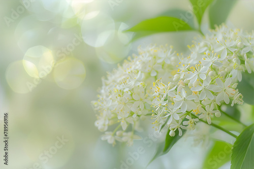 Elderflower in Bloom - the delicate white blooms of elderflower, often used in Midsummer beverages. Card with copy space.