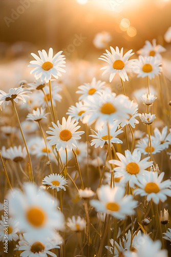 Field of Daisies -  a field of daisies in bloom, symbolizing purity and innocence.  Card for Midsommar, Jaanipaev, Jonsok with copy space. photo