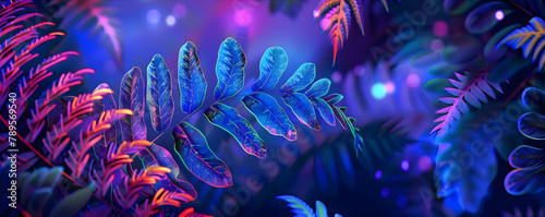 Magical pattern with blue neon glowing fern leaves. An atmosphere of Midsummer magic. photo