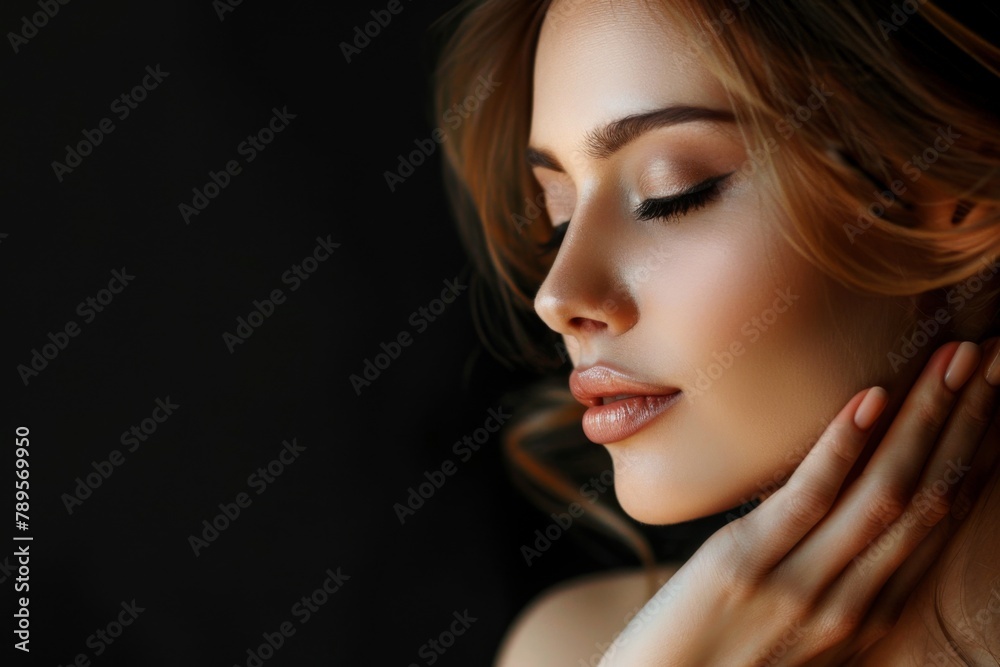 Fototapeta premium Beautiful woman with long hair on a black background.