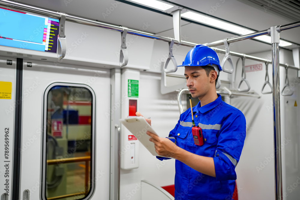 The Engineer Checks The Condition Of Electric Train at railway track. The Engineer Checks The Condition Of Electric Train at railway track.