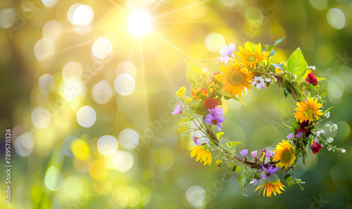 Summer Wreath of flowers on the blurred landscape with circle bokeh. Midsummer greeting card with copy space. Fortune telling on the night of Midsummer. © Alexey