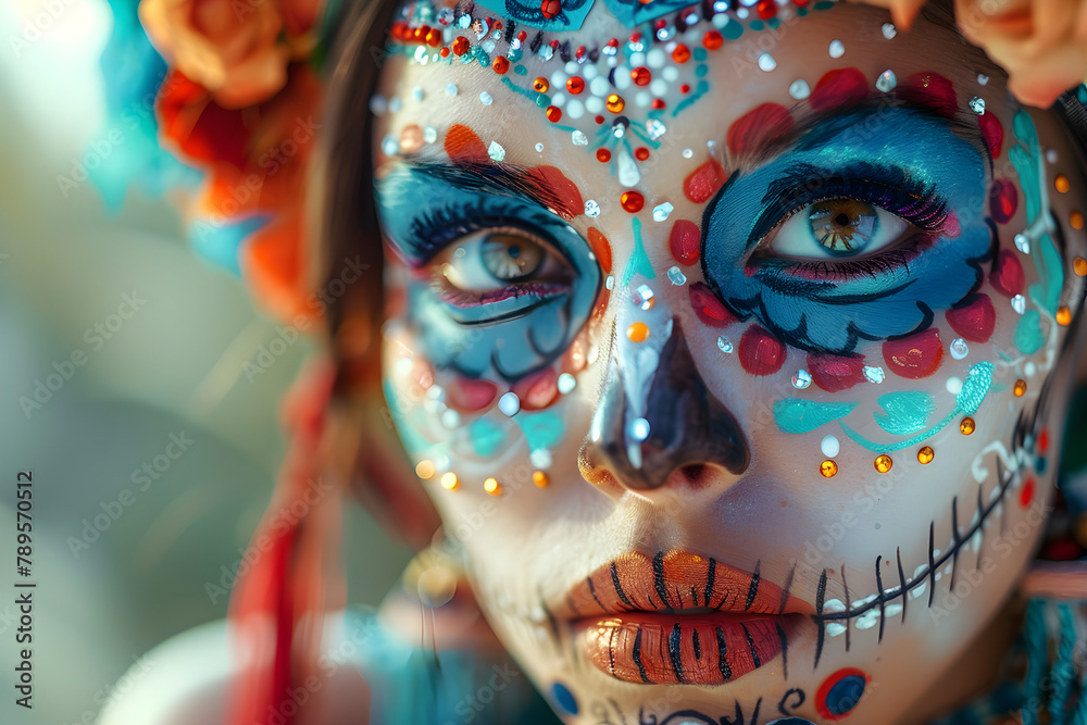 Closeup portrait of calavera catrina, young woman with sugar skull makeup, celebrating Day of the Dead.