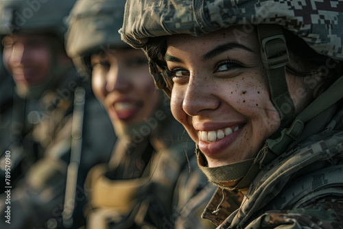 A young female soldier smiling, dressed in military uniform, alongside fellow soldiers on a mission