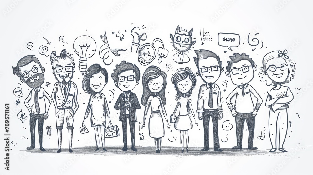 Cartoon Doodle Style Sketch Drawing of Business People and Background