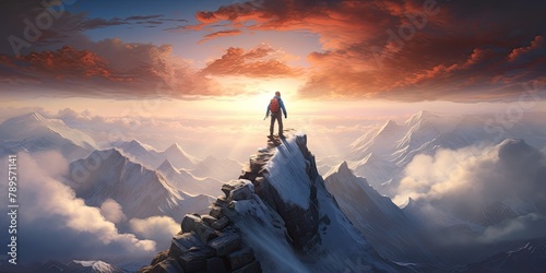 Hiker standing on top of a mountain. 3D Rendering photo
