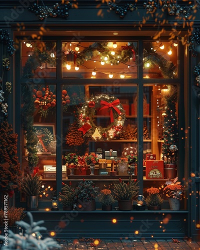 The shop window is decorated with glowing lights and other festive decorations, creating a warm and welcoming scene 8K , high-resolution, ultra HD,up32K HD