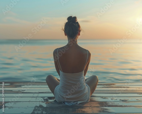 The woman is depicted sitting crosslegged on the dock, her posture relaxed and contemplative 8K , high-resolution, ultra HD,up32K HD