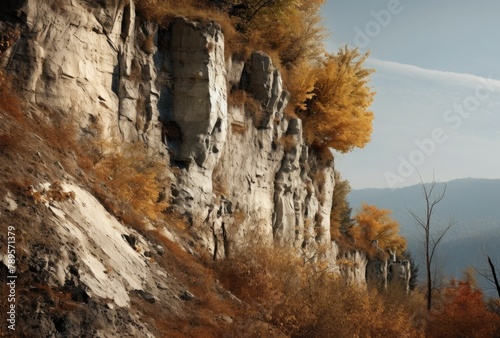 Autumn landscape with yellow trees in the mountains, closeup of photo