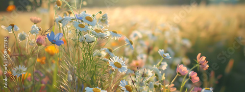 Field of Daisies -  a field of daisies in bloom, symbolizing purity and innocence.  Banner for Midsommar, Jaanipaev, Jonsok with copy space. photo