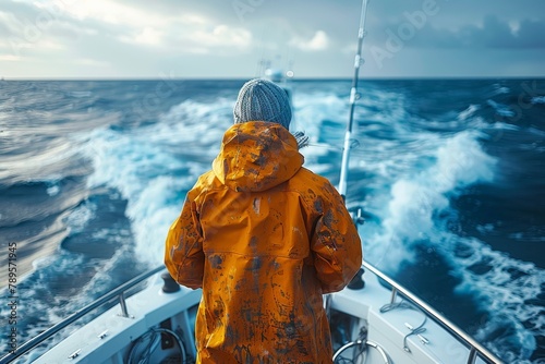 A person in a yellow jacket viewed from behind against the vast open sea under a cloudy sky photo