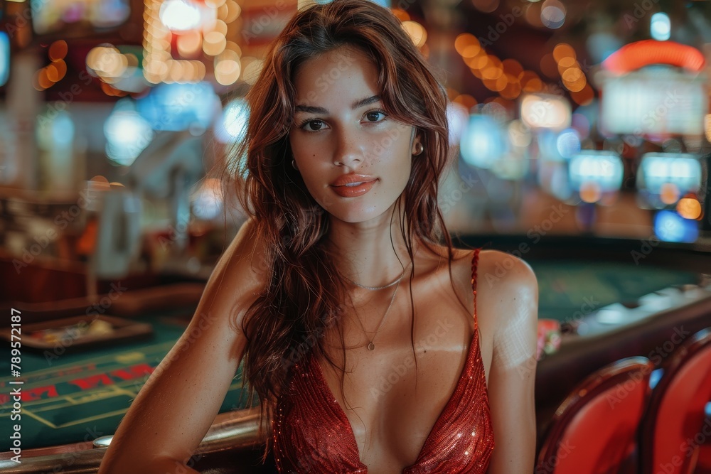 A captivating image of a glamourous woman dressed in a sparkling red dress, set in a casino with a rich ambiance