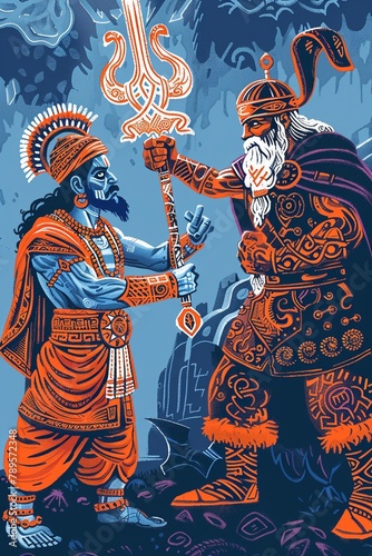 Rama, the blueskinned avatar of Vishnu, faces off against Odin, the Allfather, their weapons radiating divine power as they prepare for battle , photo