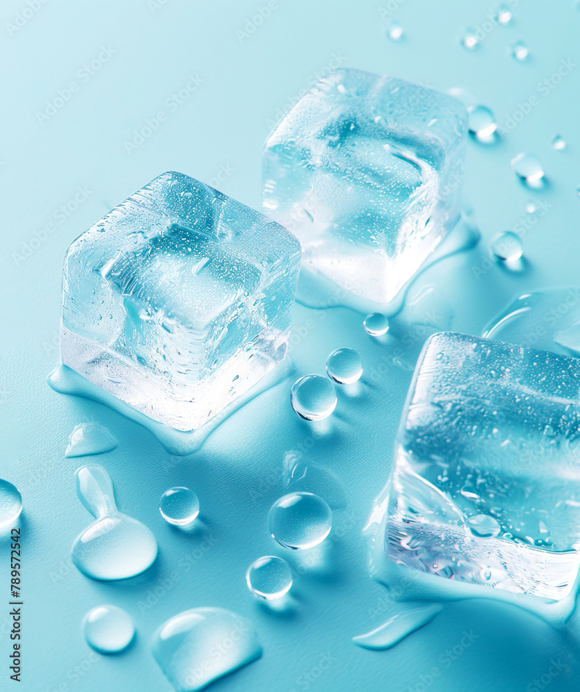 Several ice cubes are scattered on a light blue matte background, and drops of water float around them. Several ice cubes are scattered on a light blue matte background, and drops of water float around them.