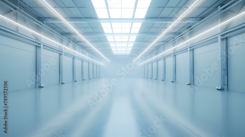 3d render of empty warehouse interior with blue light and reflections.