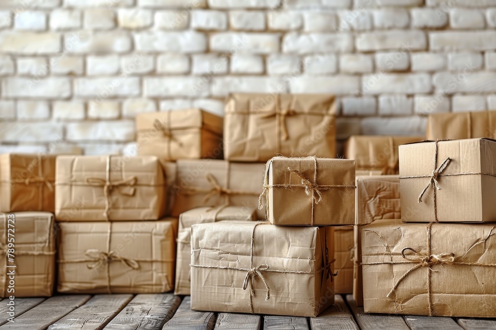 Obraz premium A myriad of neatly tied brown packages with string in an organized white brick room suggest shipping, logistics, or movement of goods