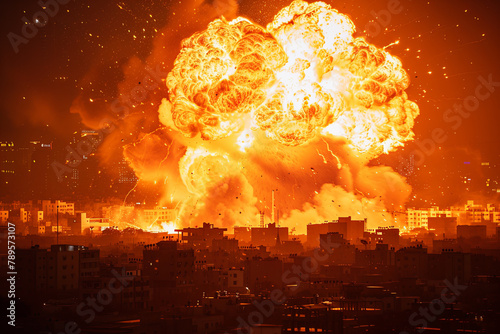 Urban area under assault from a missile, causing a massive explosion photo