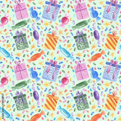 Hand painted seamless pattern with colorful party confetti and gift present boxes as birthday,B-day, christmas, X-mas holiday celebrating green background.