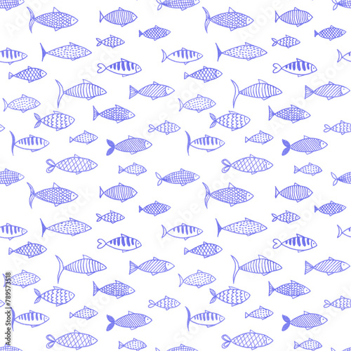 Hand drawn line art seamless pattern with many violet purple lined different fish on white background.Print cards,invitations,design