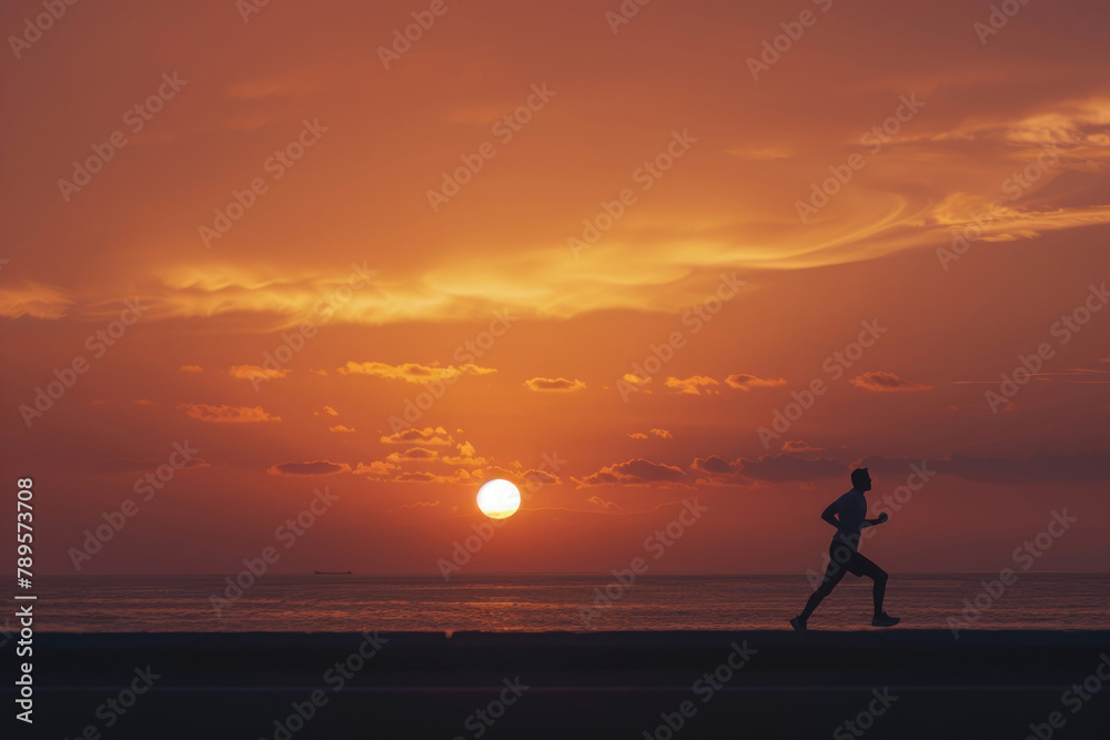 An individual jogging at sunrise