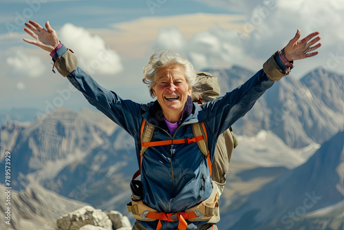 Elderly female hiker rejoicing at the peak of a mountain #789573929