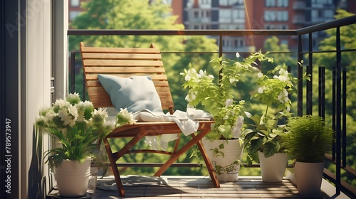 Beautiful balcony with two chairs and flowers. 