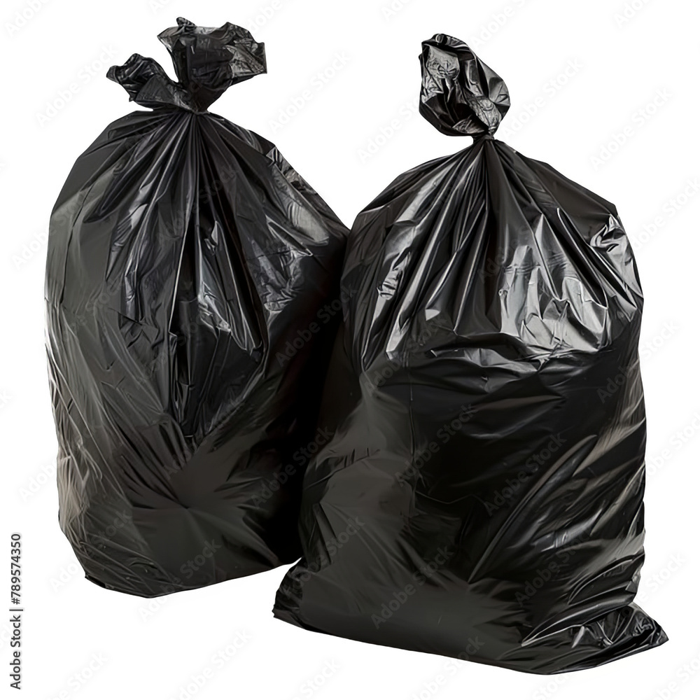 Sealed Black Garbage Bags on White or Transparent Background.
