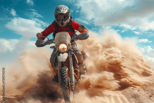 An adventurous motorcyclist rides fiercely through desert terrain, kicking up dust under a clear blue sky