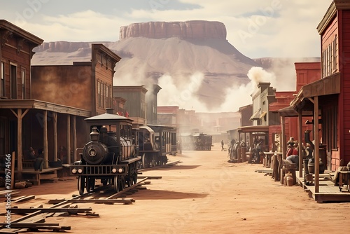 Old western town. View of the street of a western town, in Monument Valley, with several edifices, people and a cart waiting close to the railways. The steam train arrived at the station. .