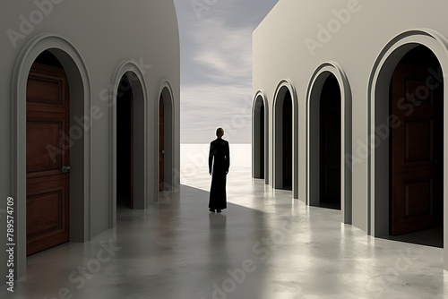 Options #2. 3d person in front of five door leading to five different places. .