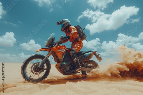 An action-packed shot of a motorcyclist expertly maneuvering through the desert dunes, kicking up sand