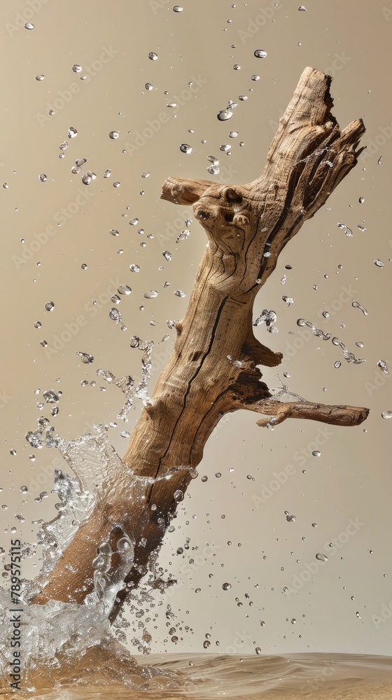 Natural Elegance, Suspended Dried Wood with Splashing Water Natural Elegance, Suspended Dried Wood with Splashing Water