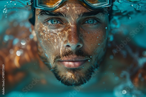 Attractive male swimmer with goggles submerged underwater, looking at camera © Larisa AI