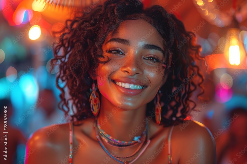Beaming lady with curly hair and colorful jewelry enjoying nightlife Beaming lady with curly hair and colorful jewelry enjoying nightlife