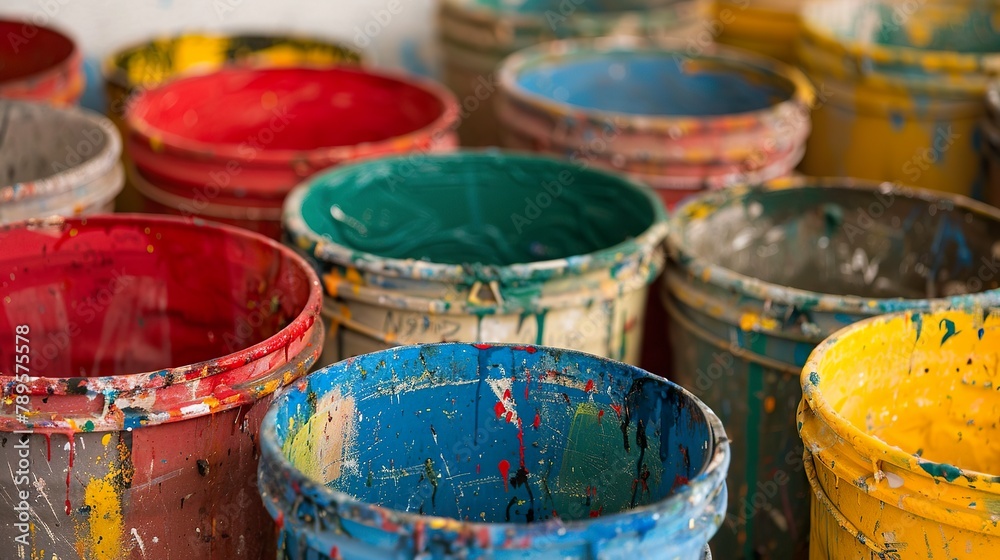 A close-up of paint buckets with a rich, vibrant texture and intense colors. Buckets of paint display their own hue, creating a diverse and inspiring palette. A close-up of paint buckets with a rich, vibrant texture and intense colors. Buckets of paint display their own hue, creating a diverse and inspiring palette.
