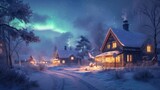 Snow-covered cabins glow warmly beneath the stunning aurora borealis in a serene winter landscape. Resplendent.