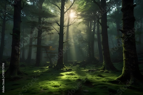 Show a scene from a game of game art that features a remote woodland, calm lakes, and soft sunlight.       © Mani Arts