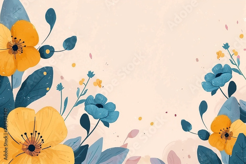 Floral Frame made of blue yellow anemone on a beige background. Copy space. Greeting card, invitation, poster, banner design.