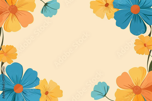 Vibrant Floral Frame made of blue yellow anemone on a beige background. Copy space. Greeting card, invitation, poster, banner design. © Tanya