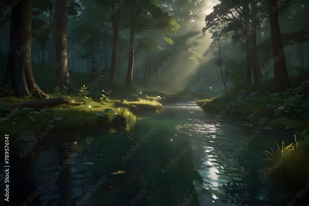 Show a scene from a game of game art that features a remote woodland, calm lakes, and soft sunlight.





