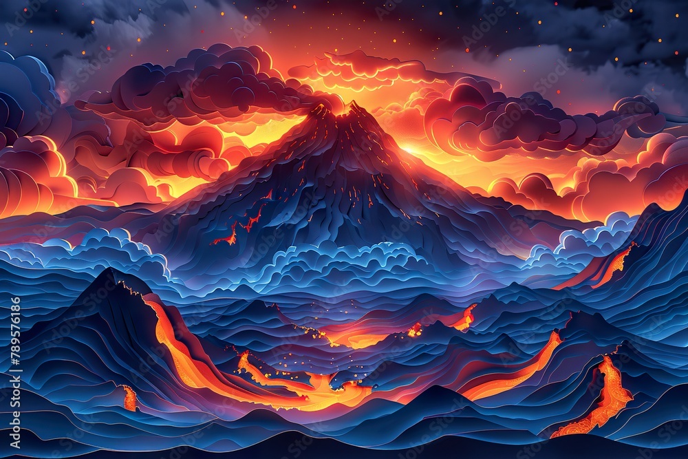 Illustration of a landscape with a volcano and burning lava