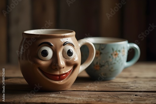 Coffee mug with happy face: brighten your day with joy.


