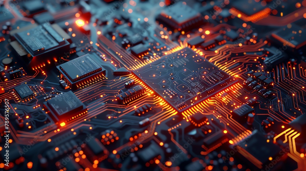 Detailed graphic of an electronic circuit board from a bird's-eye view, enhanced with digital effects, perfect for tech industry and electronic engineering visuals Detailed graphic of an electronic circuit board from a bird's-eye view, enhanced with digital effects, perfect for tech industry and electronic engineering visuals