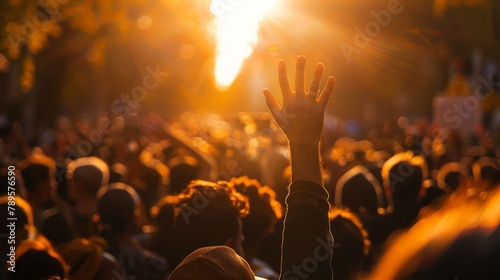 banner Backlit view of a diverse crowd at a rally with a raised hand symbolizing unity or protest, during golden hour. public demonstration, unity gesture, crowd solidarity, civic engagement. defocus © Anastasiya